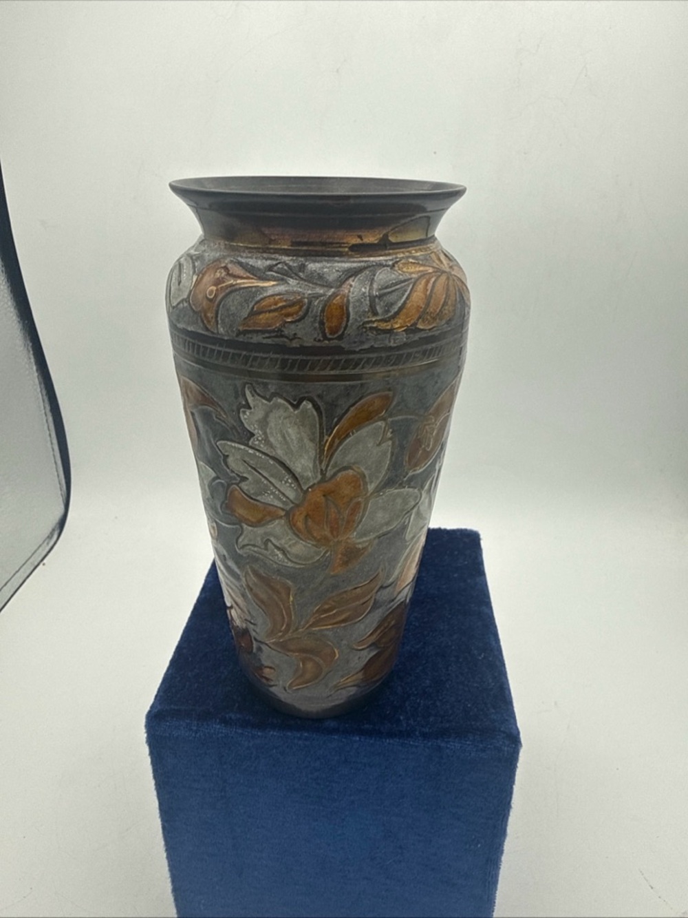 VTG solid Brass Floral Cloisonné enamel Hand Etched Vase 6” India